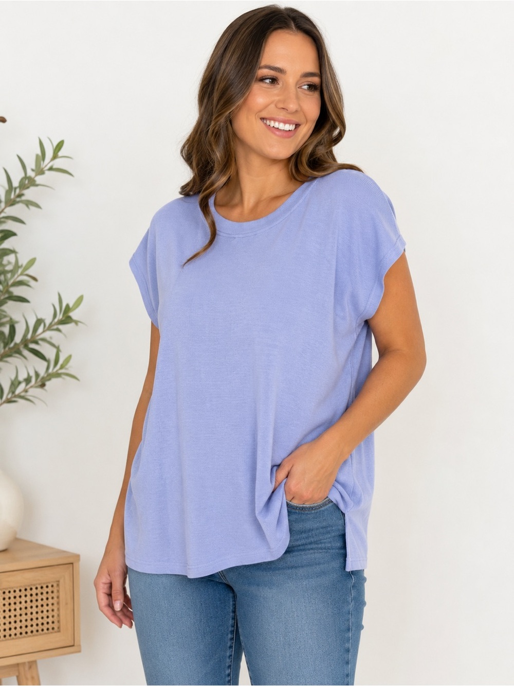 Eileen Fisher Periwinkle Blue Relaxed Knit Tunic Top Size L